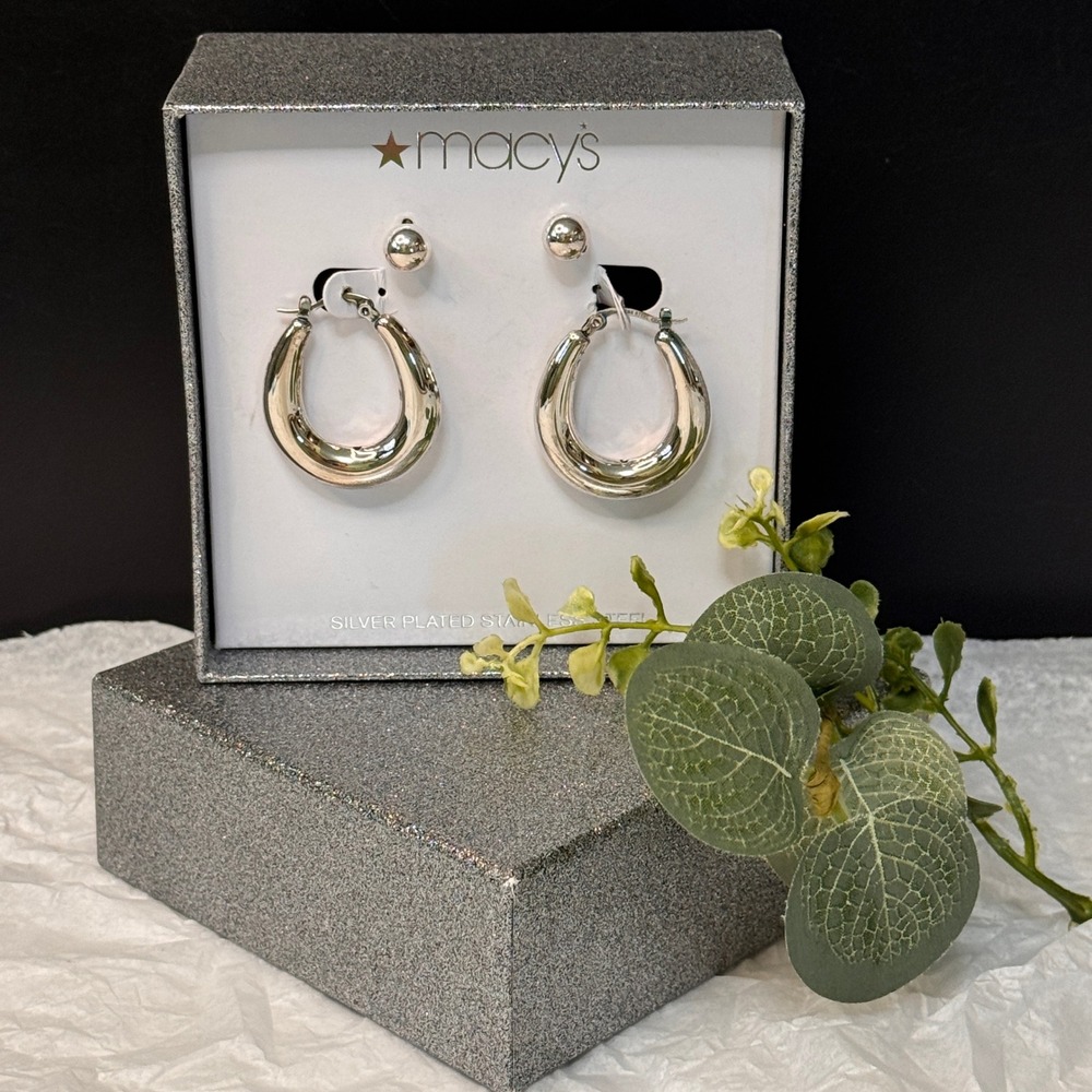 Silver Plated Stainless Steel Hoop and Stud Earring Set NIB